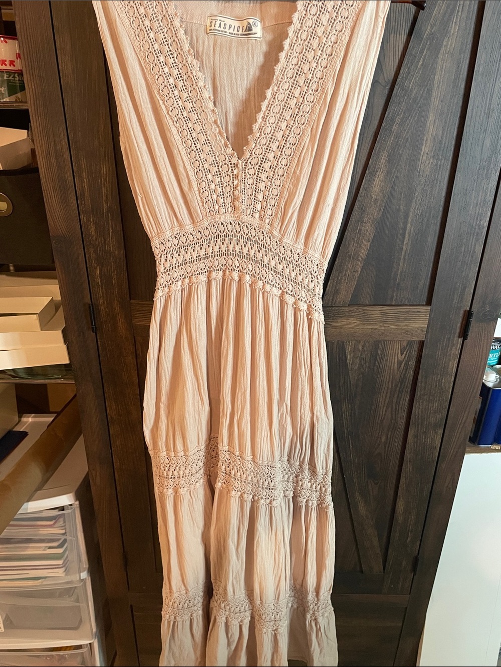 Boho V-Neck Crochet Tiered Maxi Dress in Blush